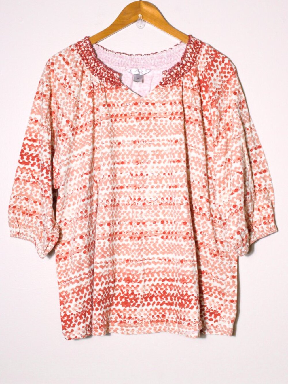 CJ Banks Smocked Neck Popover 3/4 Sleeve Cotton Top Coral Print 3X